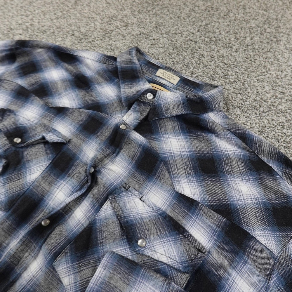 Bit & Bridle Shirt Mens 2XL Blue Plaid Flannel Western Pearl Snap Up Long Sleeve